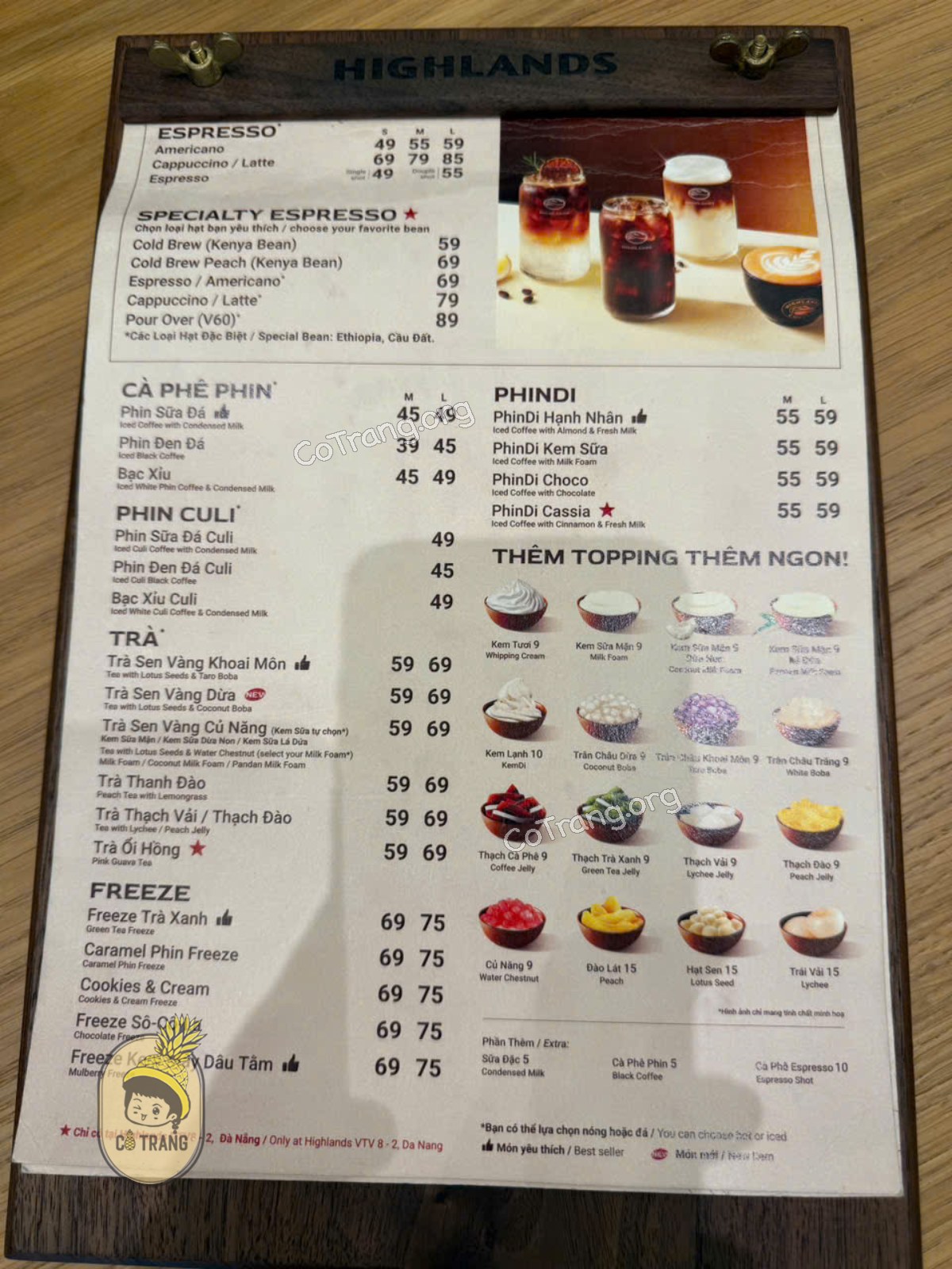 Menu đồ uống tại Highlands Coffee Đà Nẵng